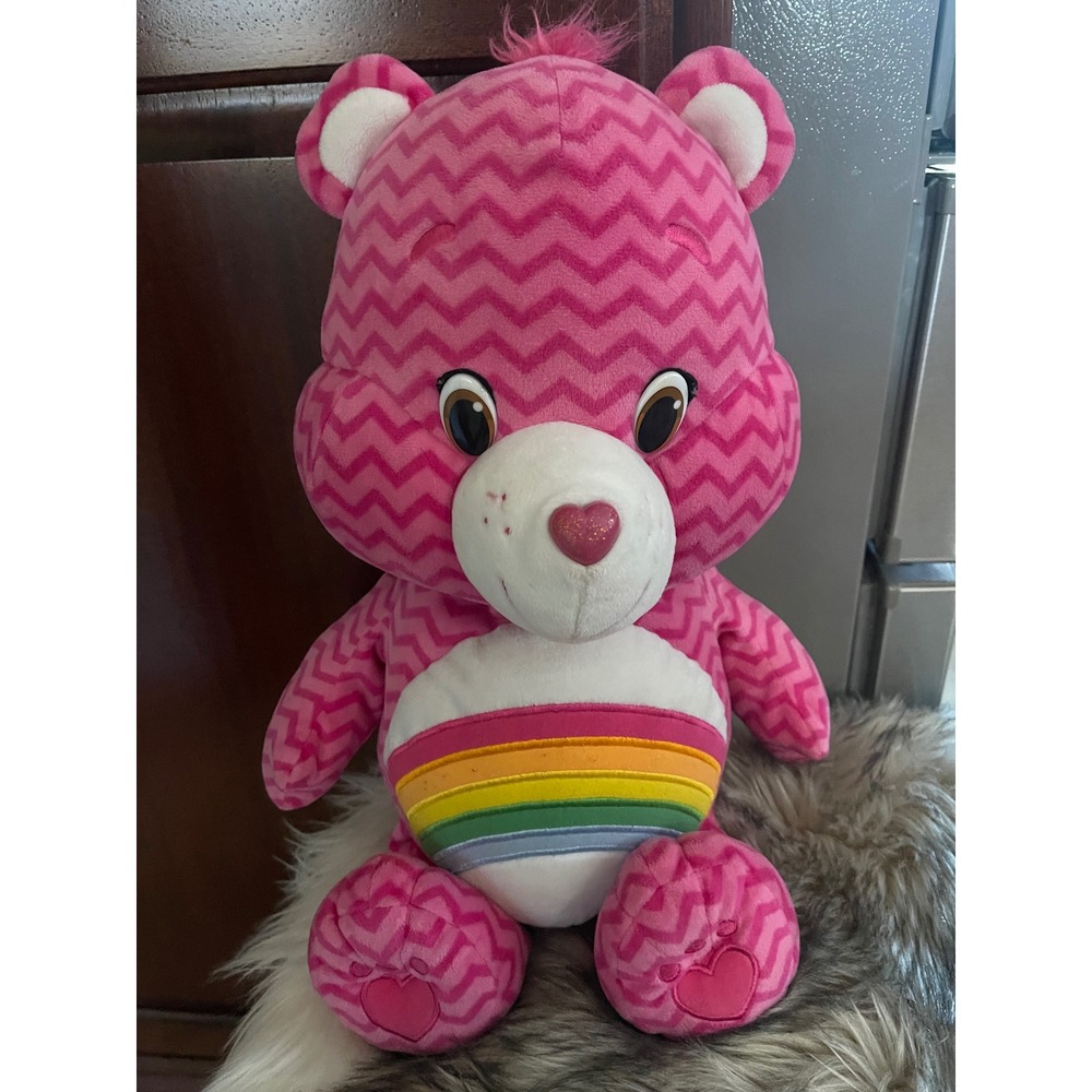 Pink Care Bear Cheer  Plush Toy 2015 Rainbow Chevron Fun Used